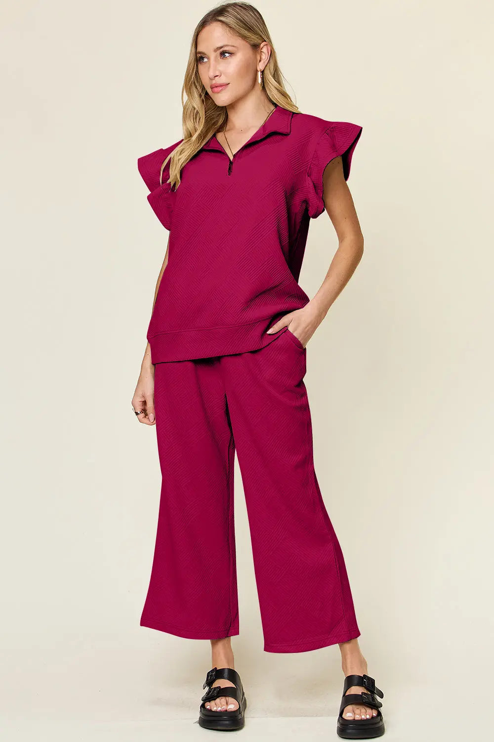 Double Take Texture Ruffle Short Sleeve Top and Drawstring Wide Leg Pants Set Trendsi