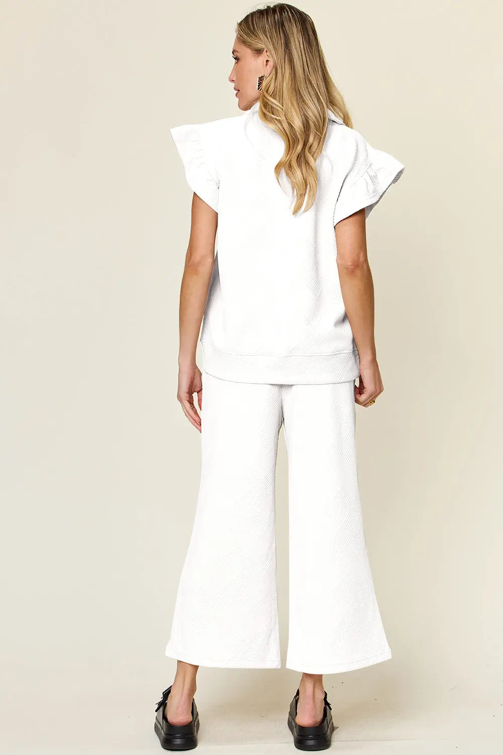 Double Take Texture Ruffle Short Sleeve Top and Drawstring Wide Leg Pants Set Trendsi