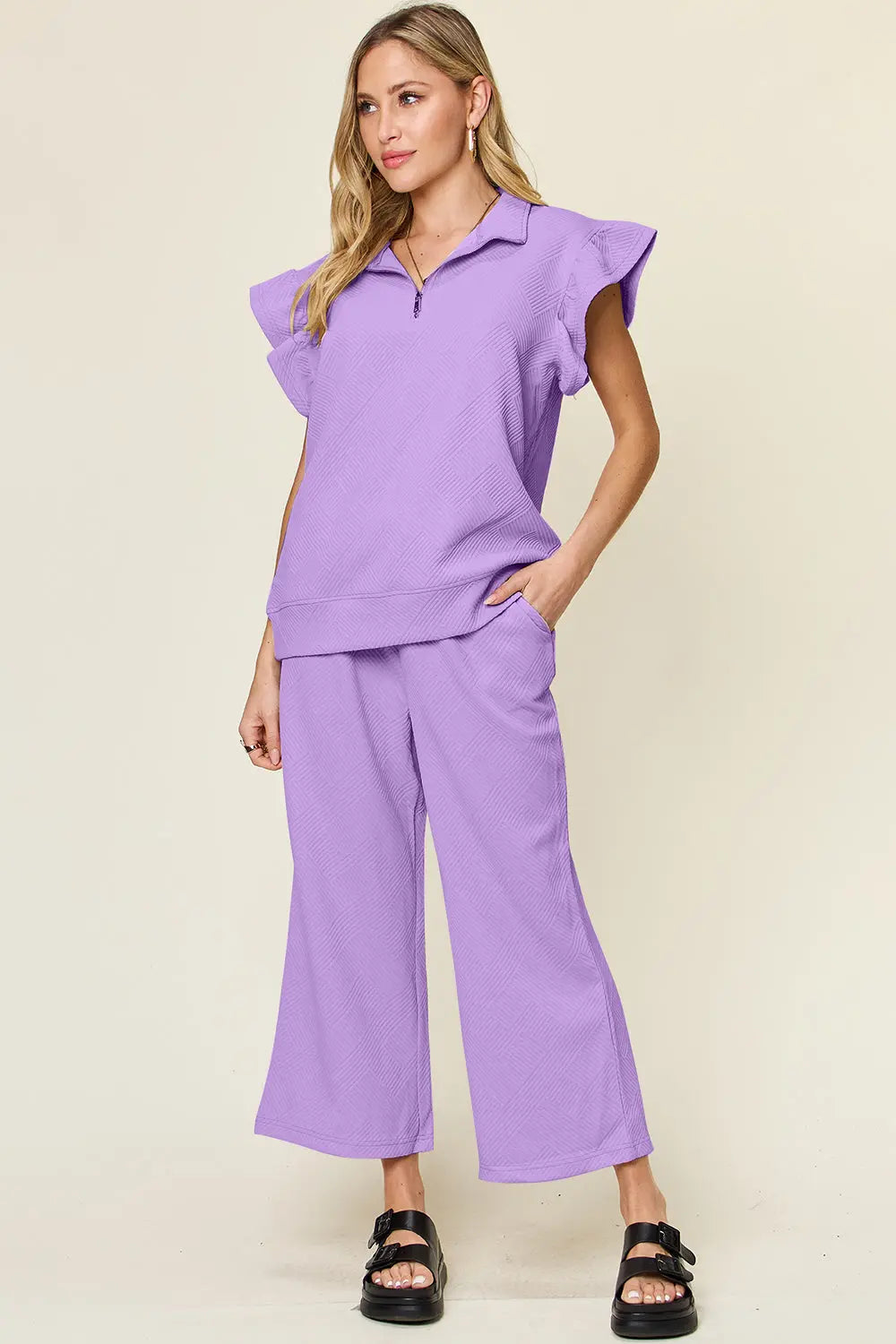 Double Take Texture Ruffle Short Sleeve Top and Drawstring Wide Leg Pants Set Trendsi