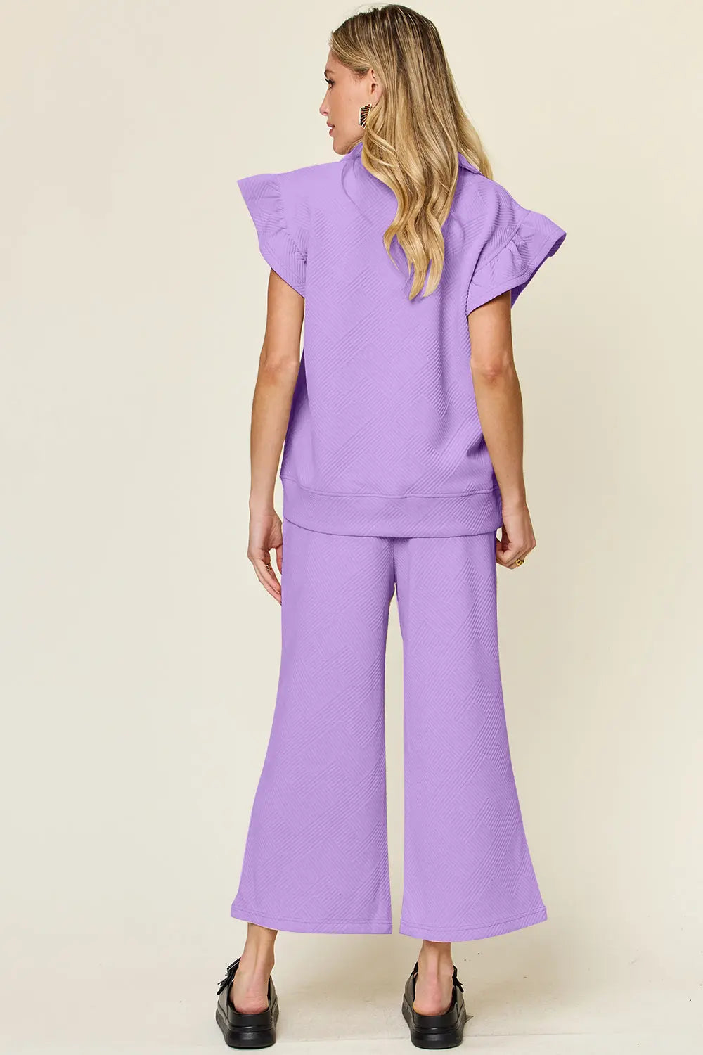 Double Take Texture Ruffle Short Sleeve Top and Drawstring Wide Leg Pants Set Trendsi