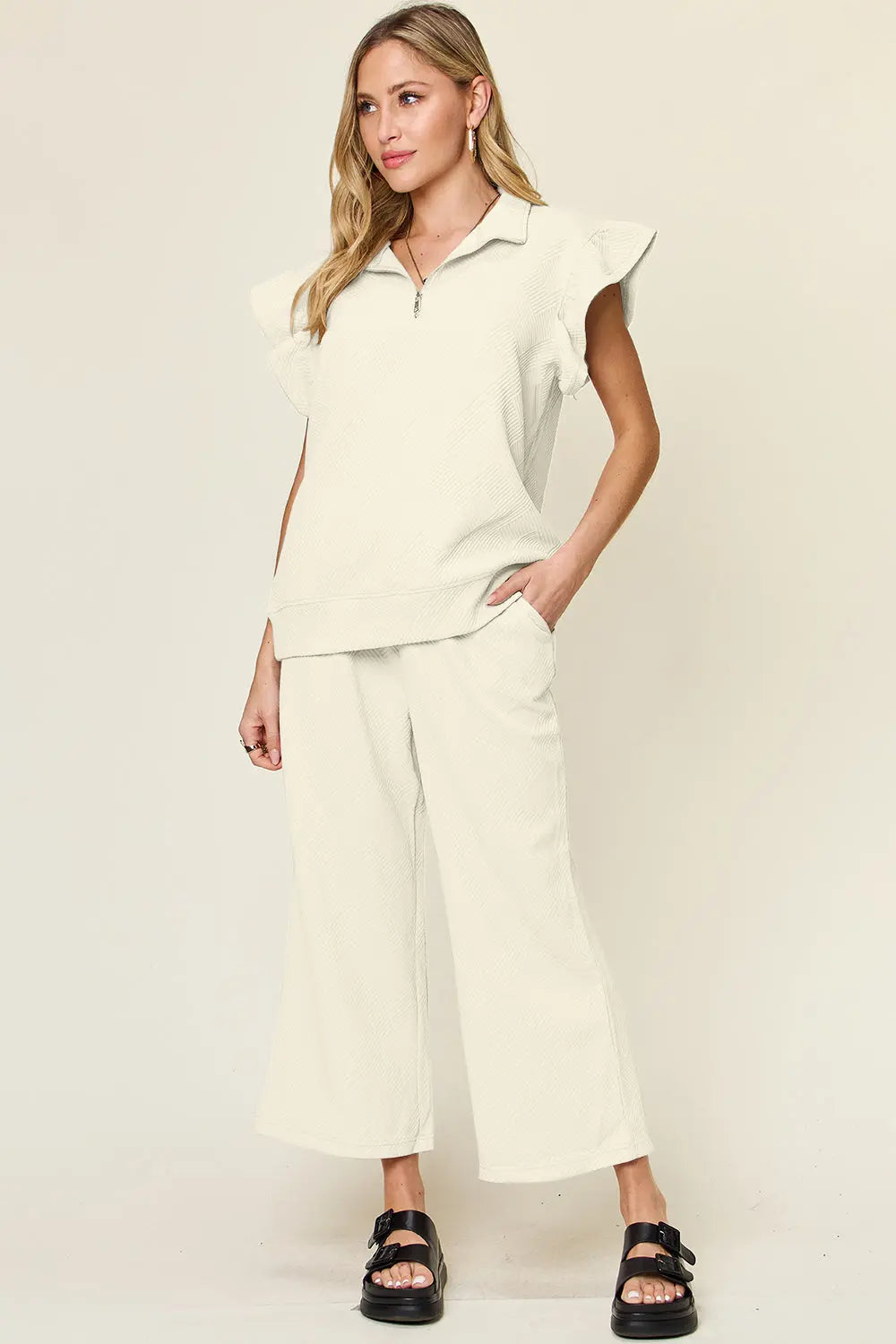 Double Take Texture Ruffle Short Sleeve Top and Drawstring Wide Leg Pants Set Trendsi