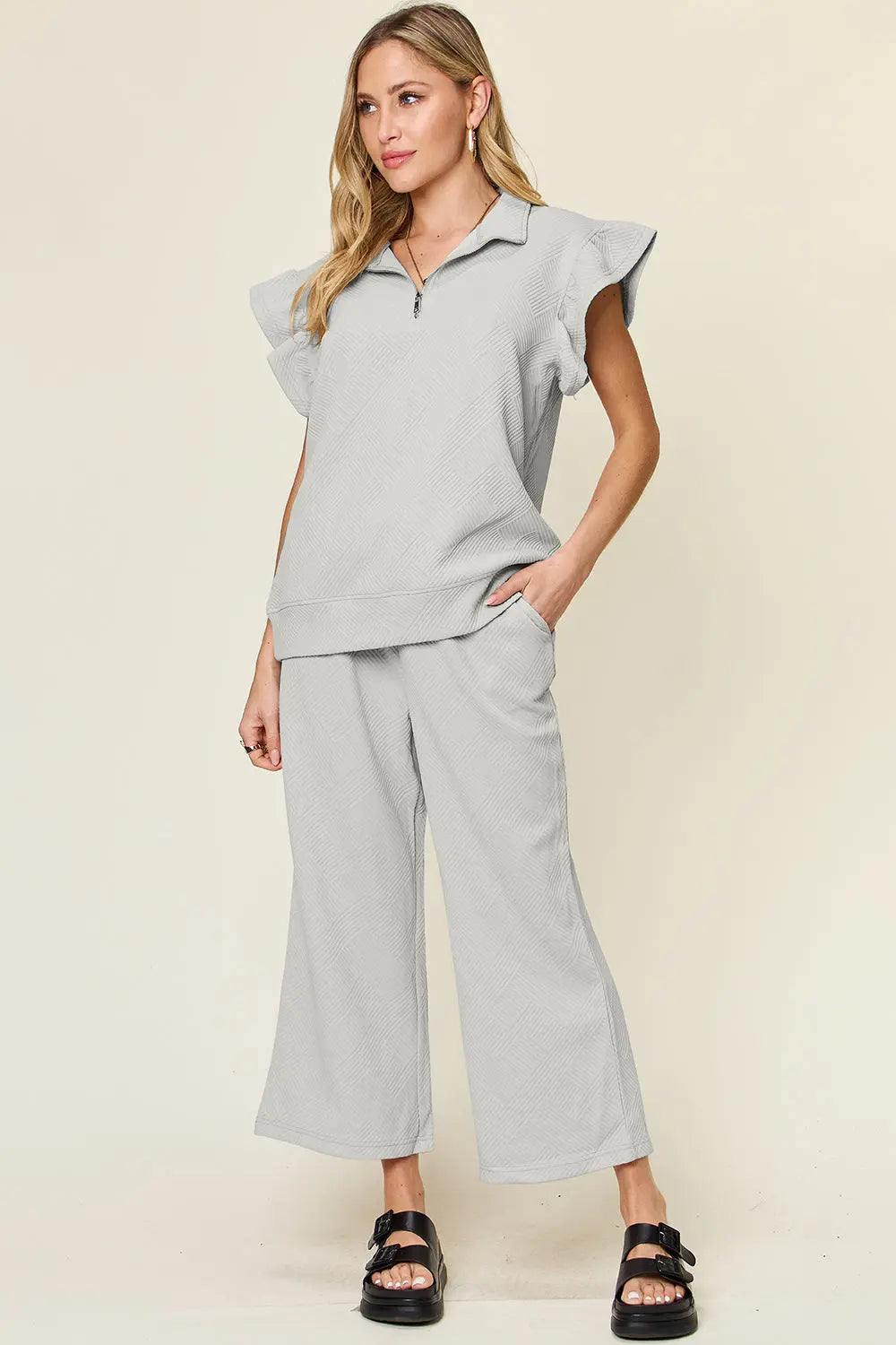 Double Take Texture Ruffle Short Sleeve Top and Drawstring Wide Leg Pants Set Trendsi