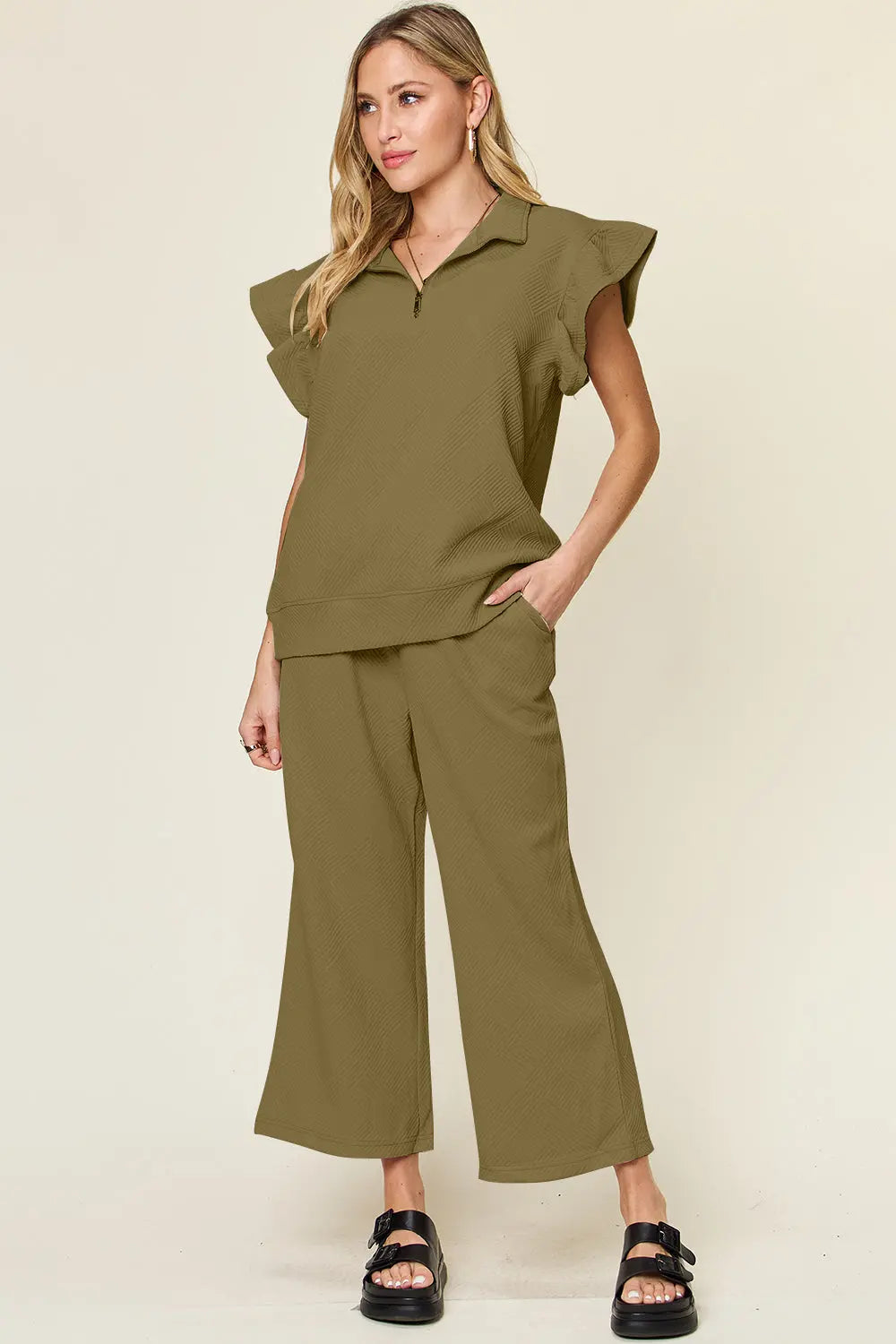 Double Take Texture Ruffle Short Sleeve Top and Drawstring Wide Leg Pants Set Trendsi