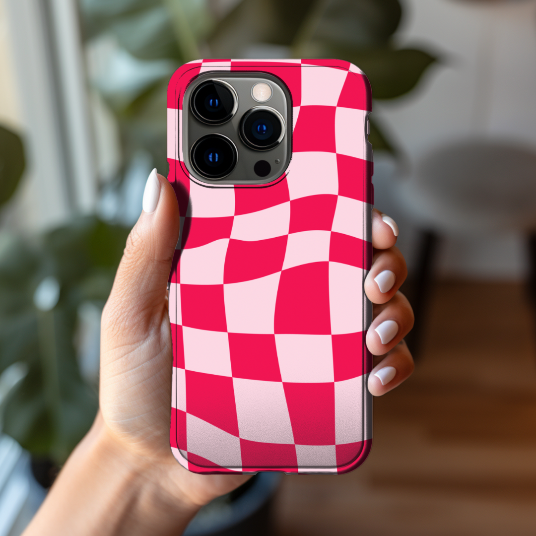 Pink Checkered Retro iPhone 15, 14, 13 Case, MagSafe Tough Case