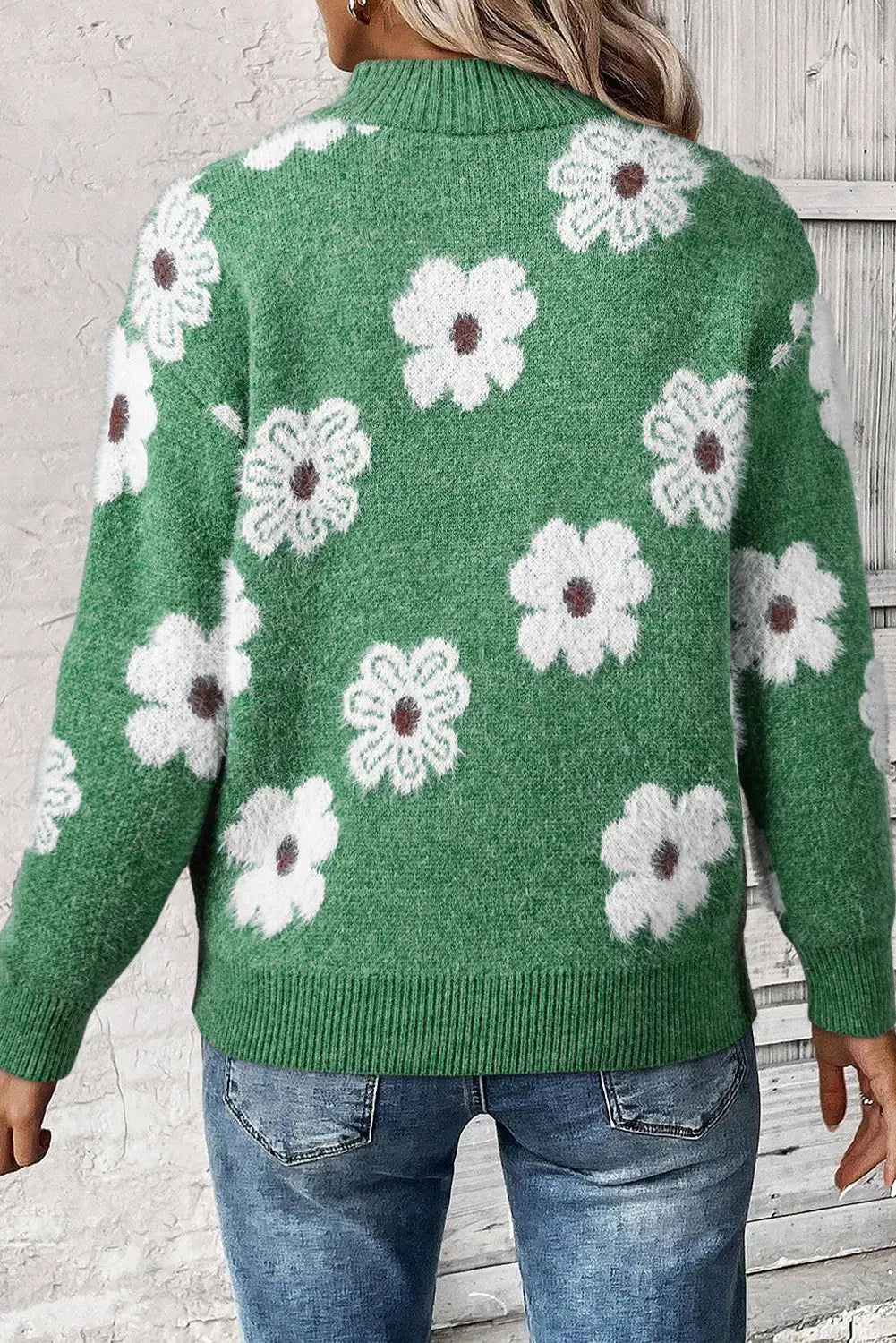 Flower Half Zip Long Sleeve Sweater Trendsi