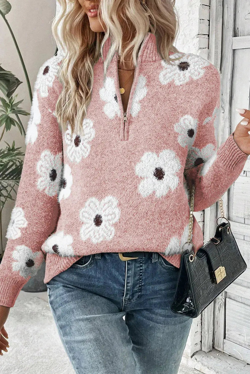 Flower Half Zip Long Sleeve Sweater Trendsi