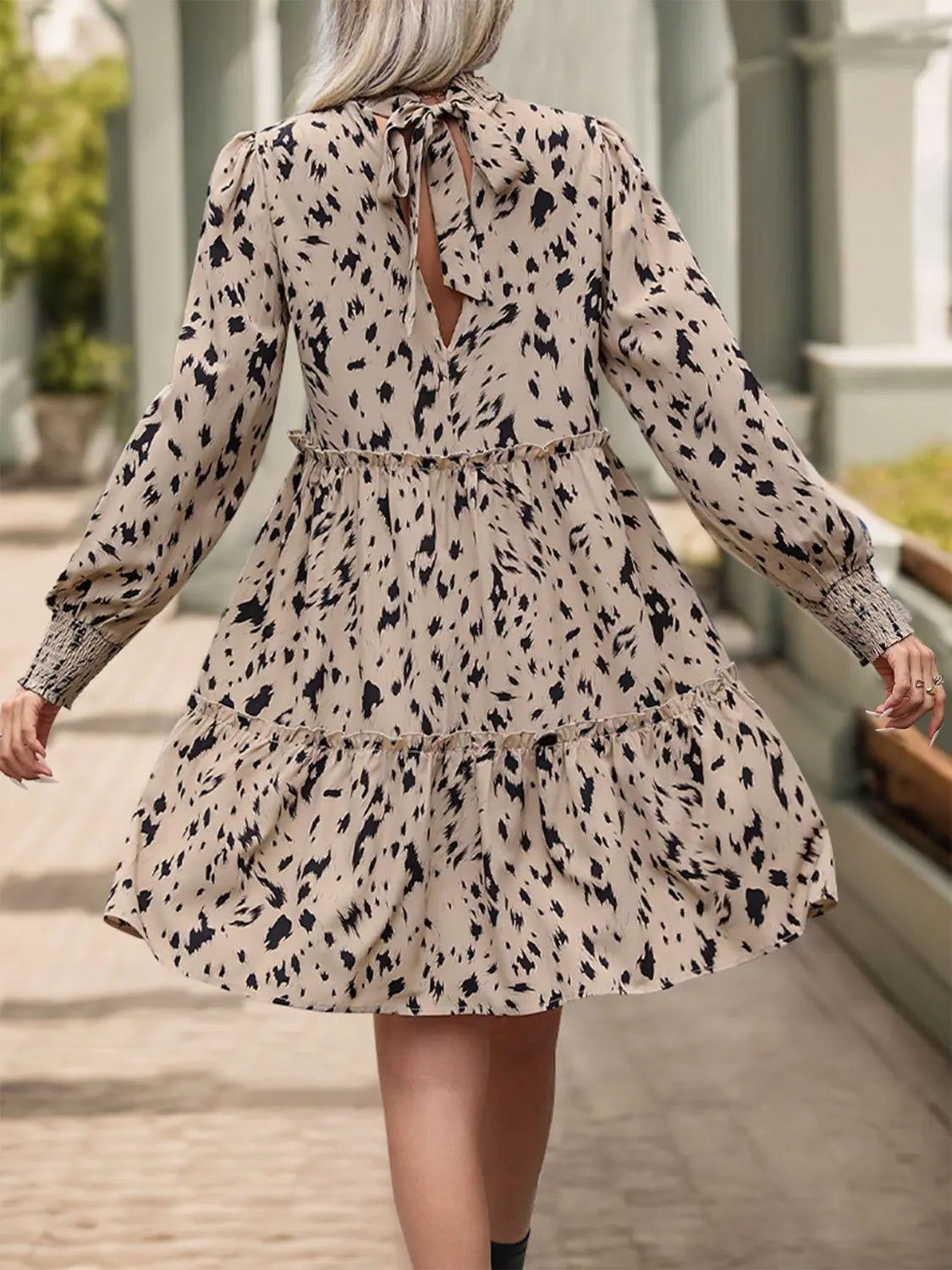 Frill Printed Mock Neck Long Sleeve Mini Dress Trendsi