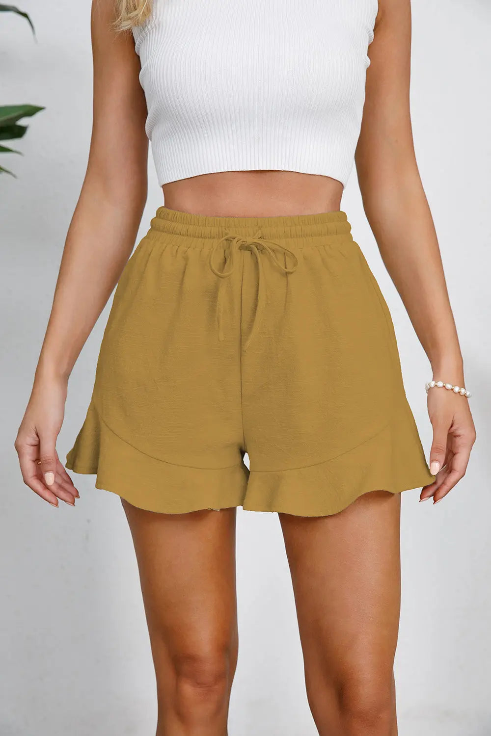 Full Size Drawstring Ruffle Hem Shorts Trendsi