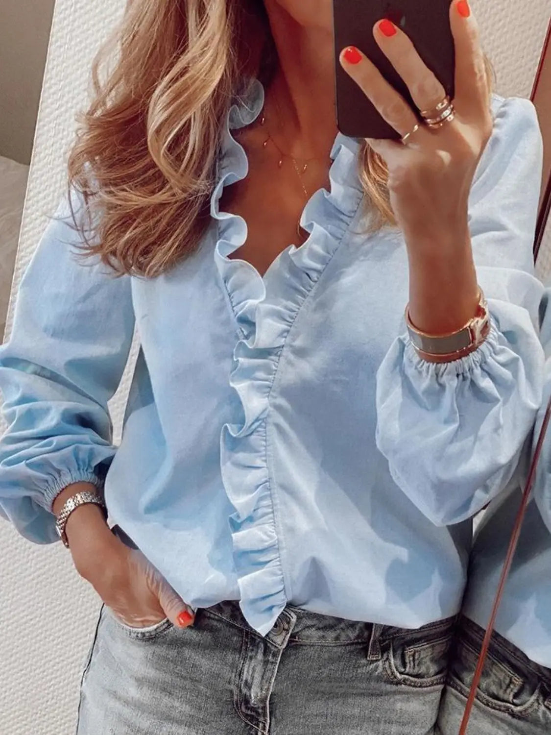 Full Size Ruffled V-Neck Long Sleeve Blouse Trendsi