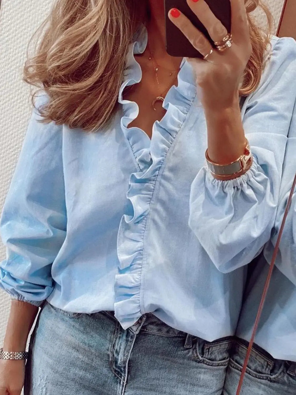 Full Size Ruffled V-Neck Long Sleeve Blouse Trendsi