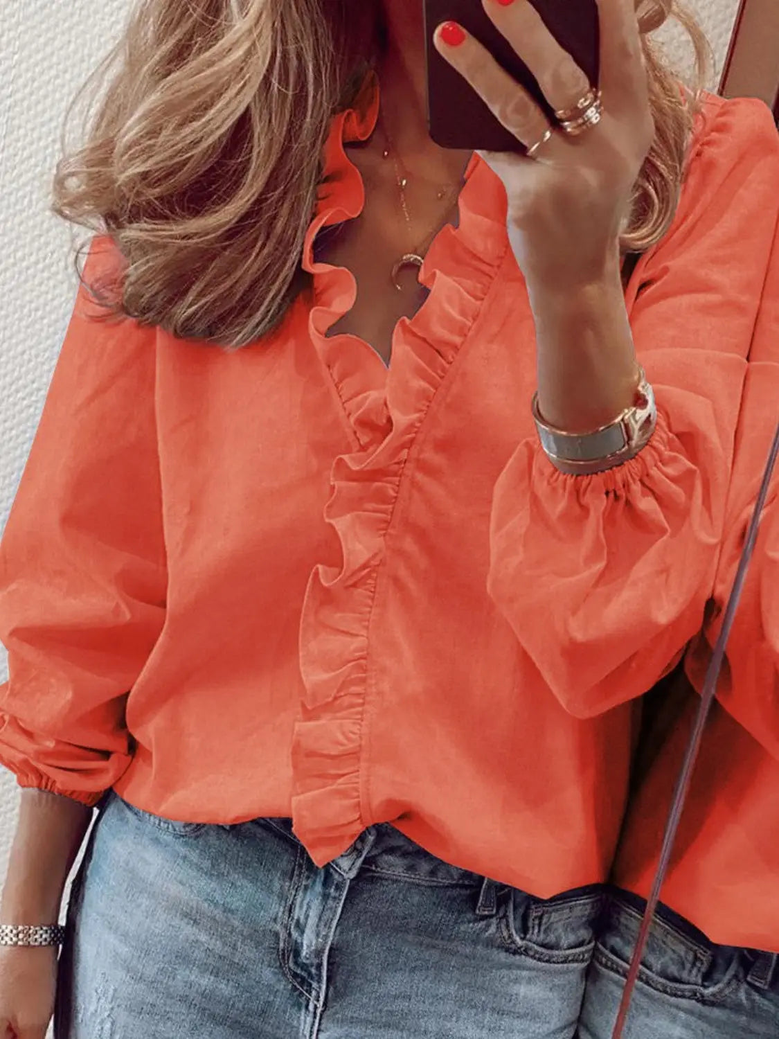 Full Size Ruffled V-Neck Long Sleeve Blouse Trendsi