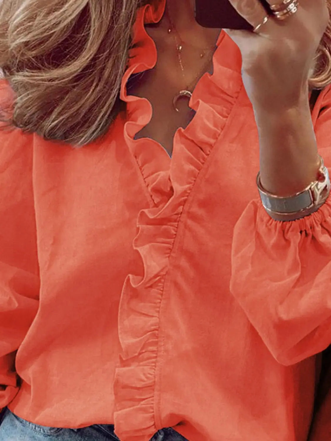 Full Size Ruffled V-Neck Long Sleeve Blouse Trendsi