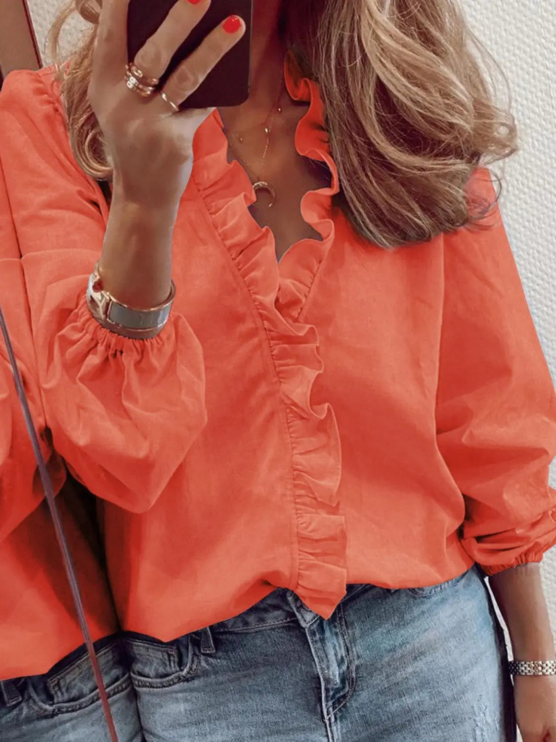 Full Size Ruffled V-Neck Long Sleeve Blouse Trendsi