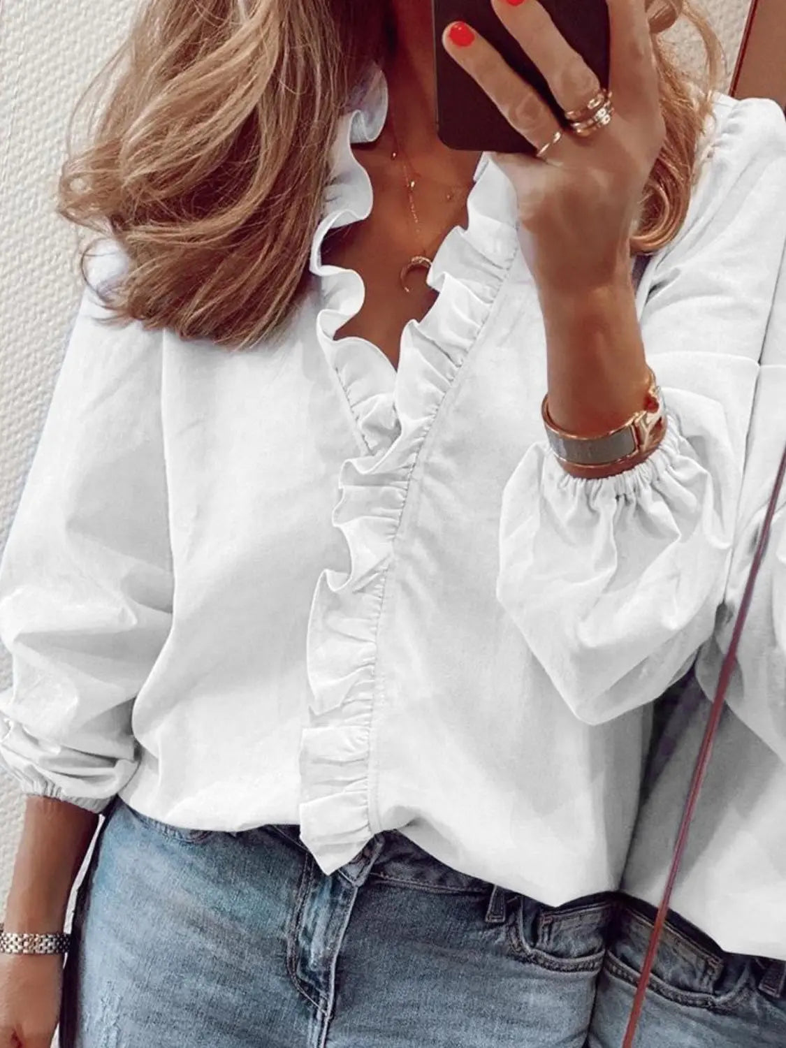 Full Size Ruffled V-Neck Long Sleeve Blouse Trendsi