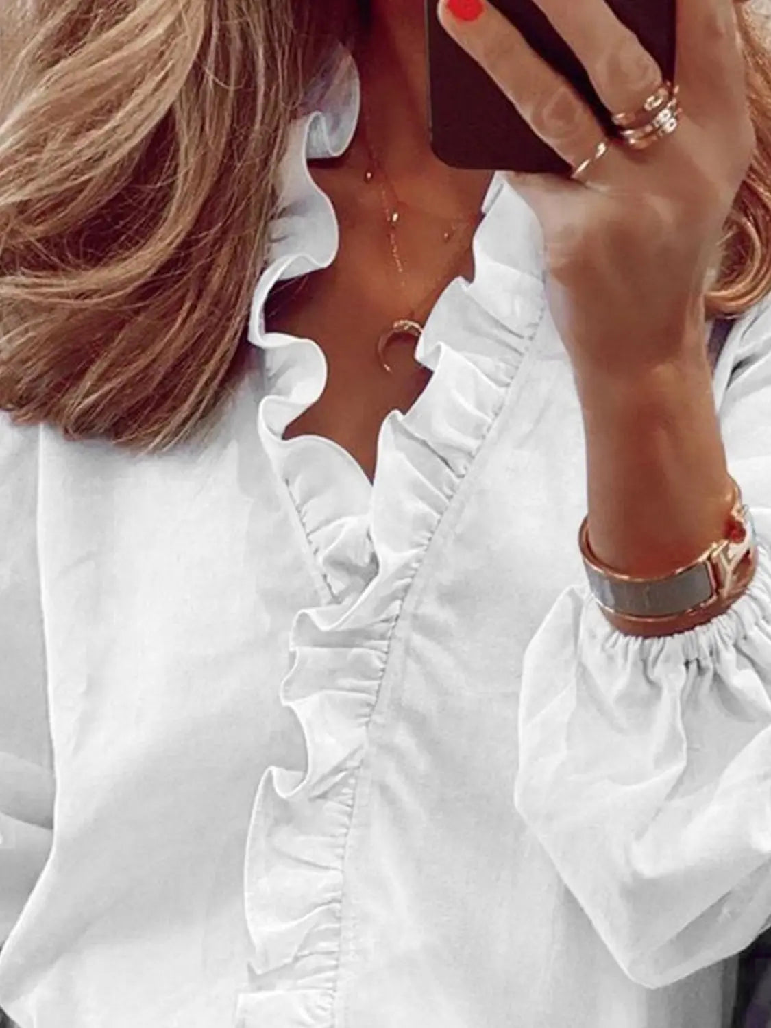 Full Size Ruffled V-Neck Long Sleeve Blouse Trendsi