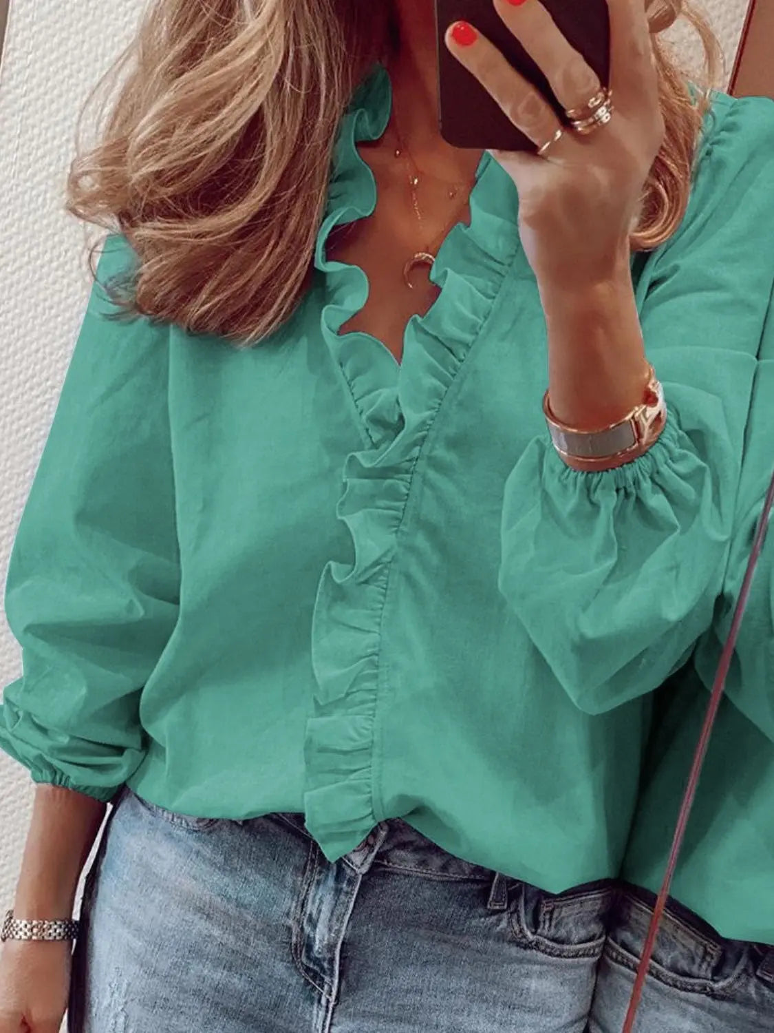 Full Size Ruffled V-Neck Long Sleeve Blouse Trendsi