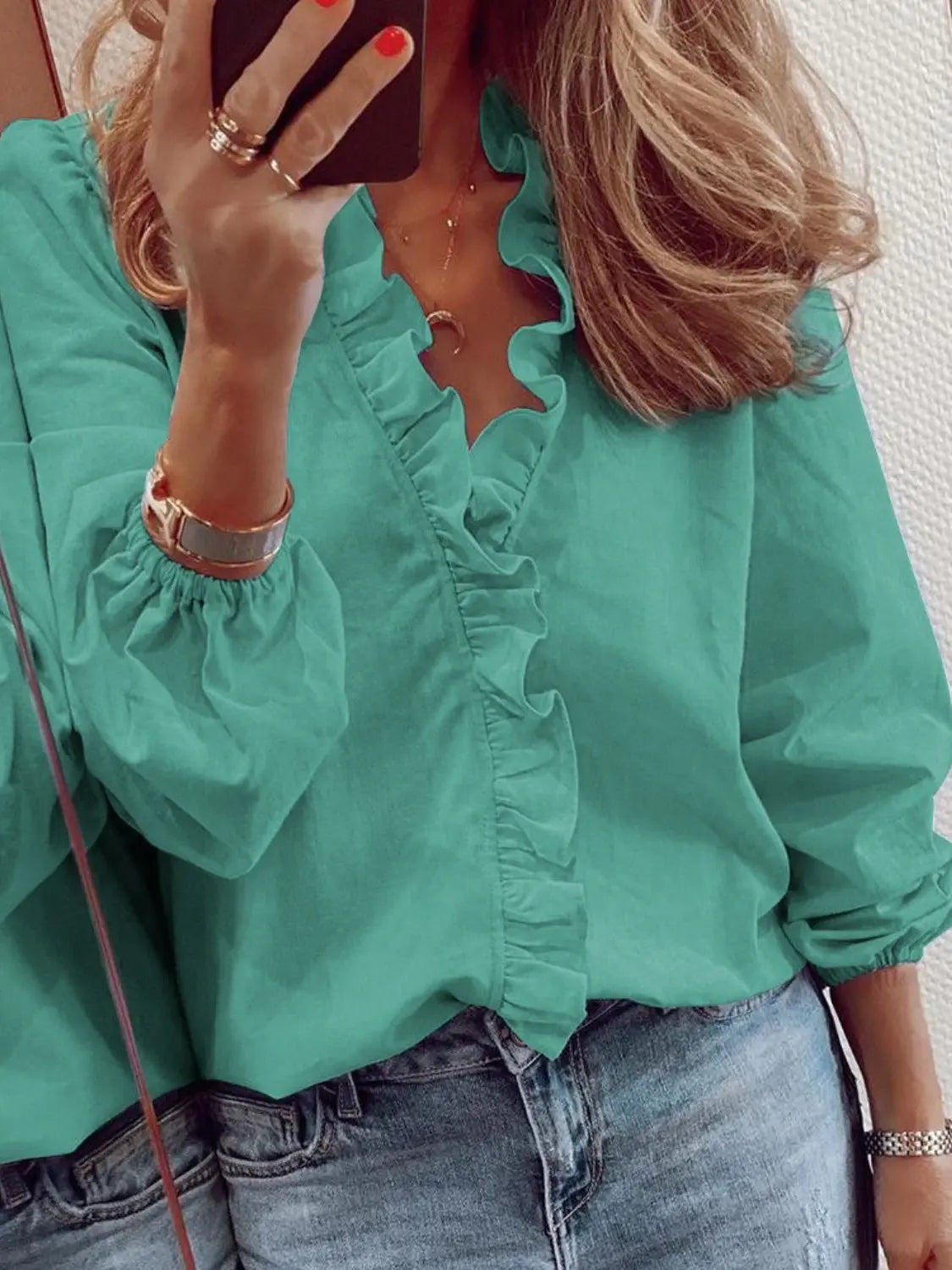 Full Size Ruffled V-Neck Long Sleeve Blouse Trendsi