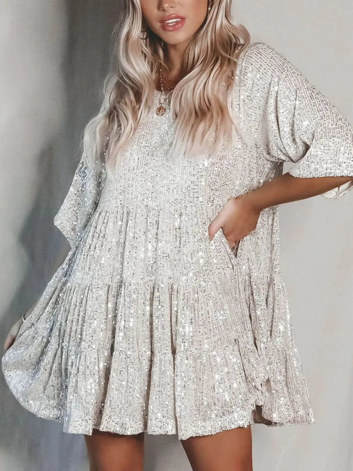 Full Size Sequin Round Neck Half Sleeve Mini Dress Trendsi