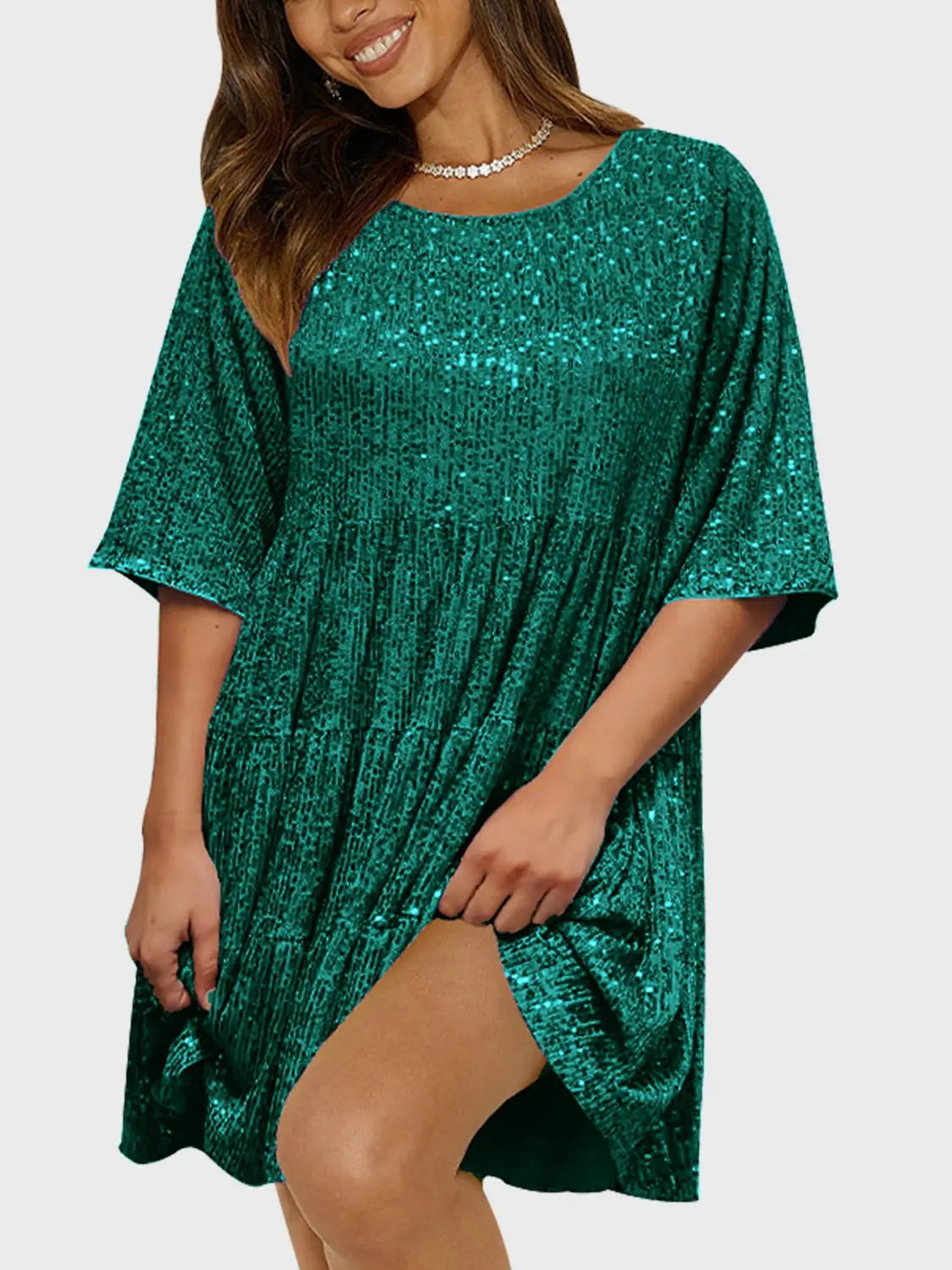 Full Size Sequin Round Neck Half Sleeve Mini Dress Trendsi