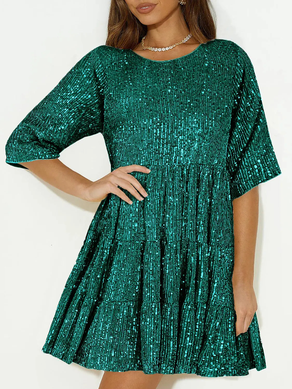 Full Size Sequin Round Neck Half Sleeve Mini Dress Trendsi