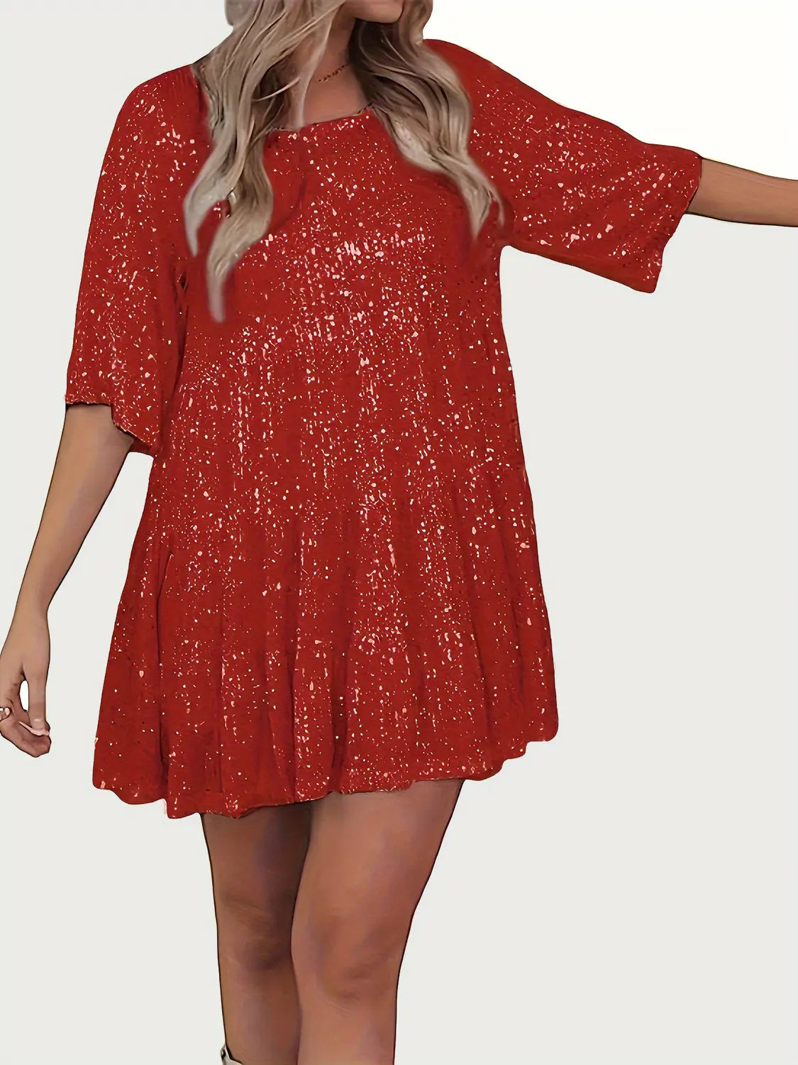 Full Size Sequin Round Neck Half Sleeve Mini Dress Trendsi