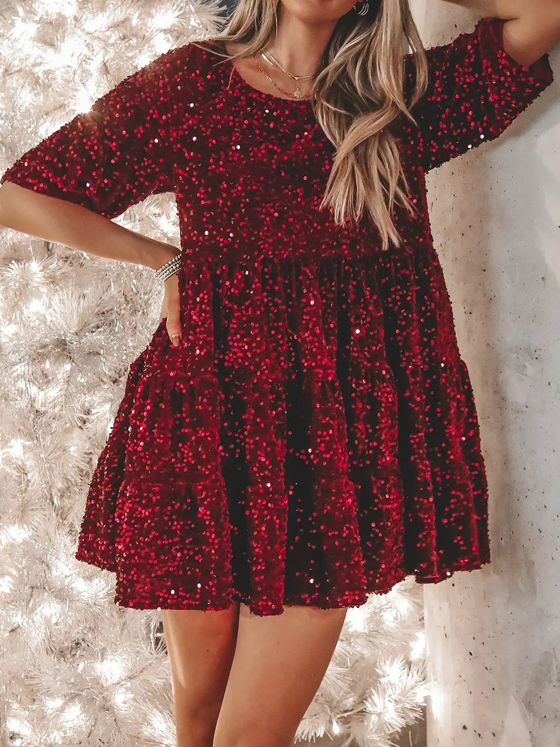 Full Size Sequin Round Neck Half Sleeve Mini Dress Trendsi