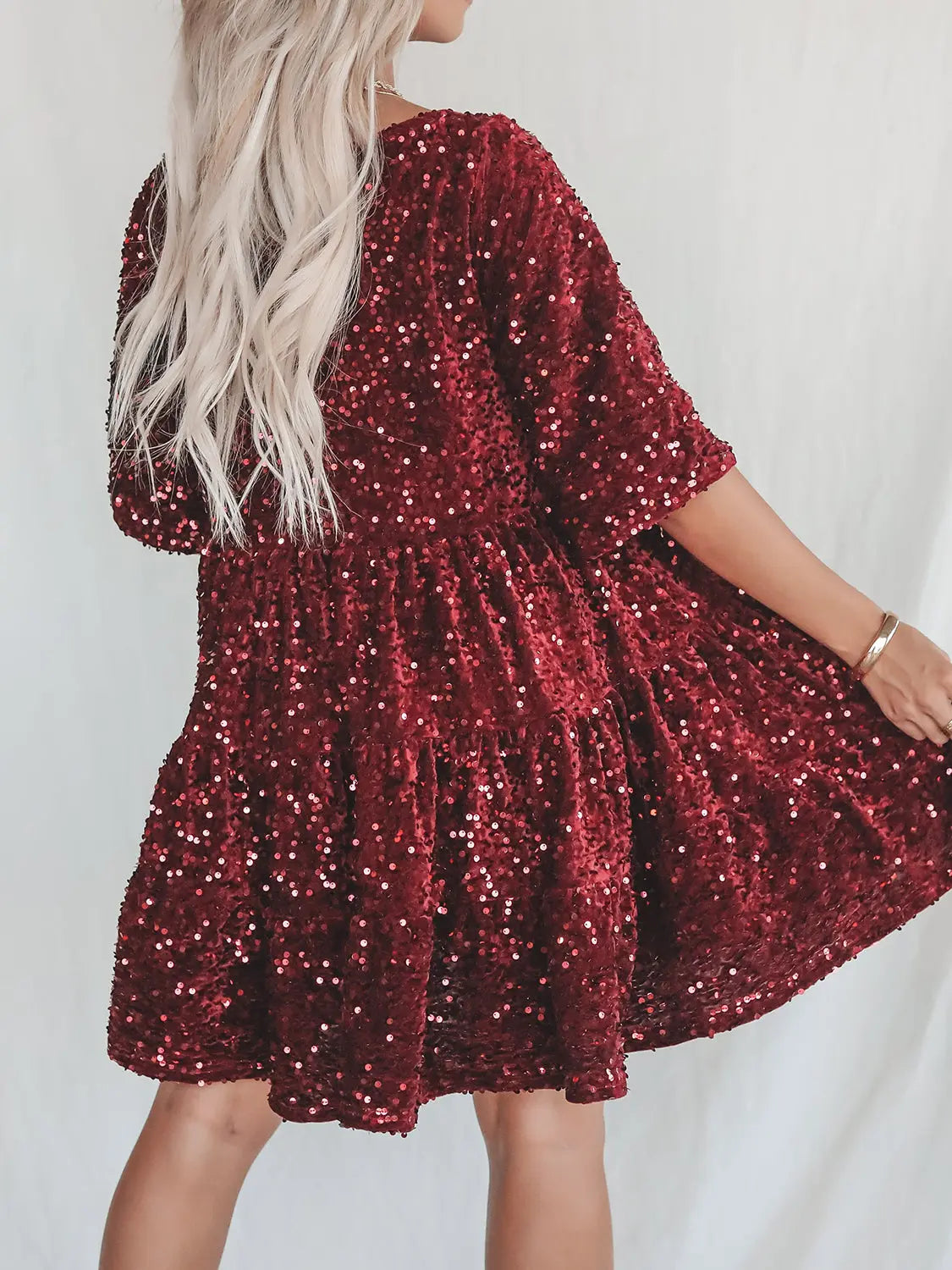 Full Size Sequin Round Neck Half Sleeve Mini Dress Trendsi