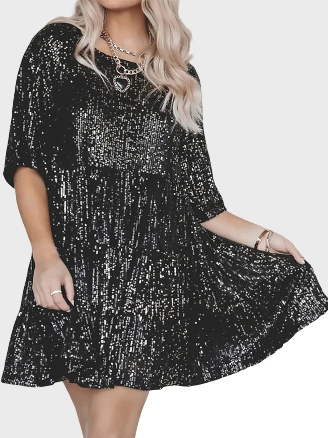 Full Size Sequin Round Neck Half Sleeve Mini Dress Trendsi