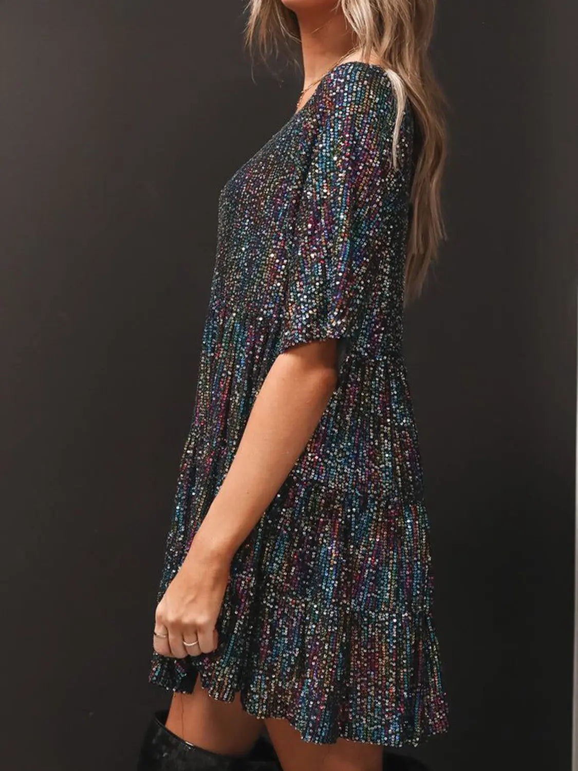 Full Size Sequin Round Neck Half Sleeve Mini Dress Trendsi