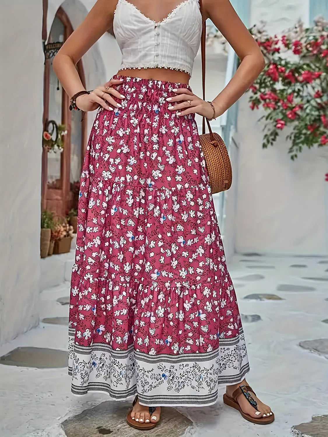 Full Size Tiered Printed Elastic Waist Skirt Trendsi