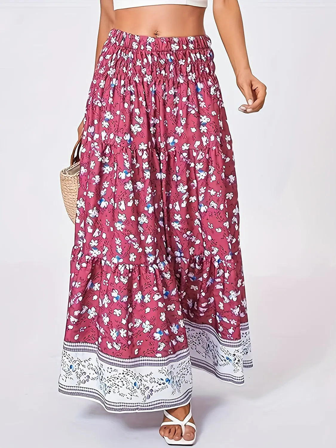 Full Size Tiered Printed Elastic Waist Skirt Trendsi