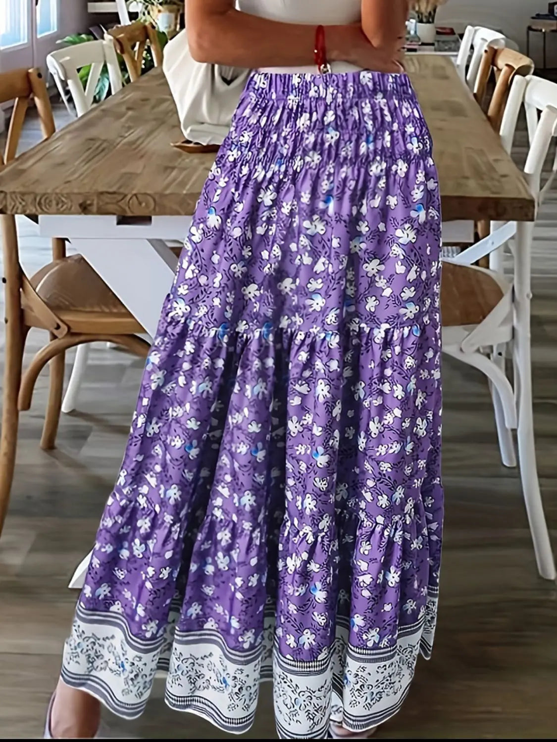 Full Size Tiered Printed Elastic Waist Skirt Trendsi