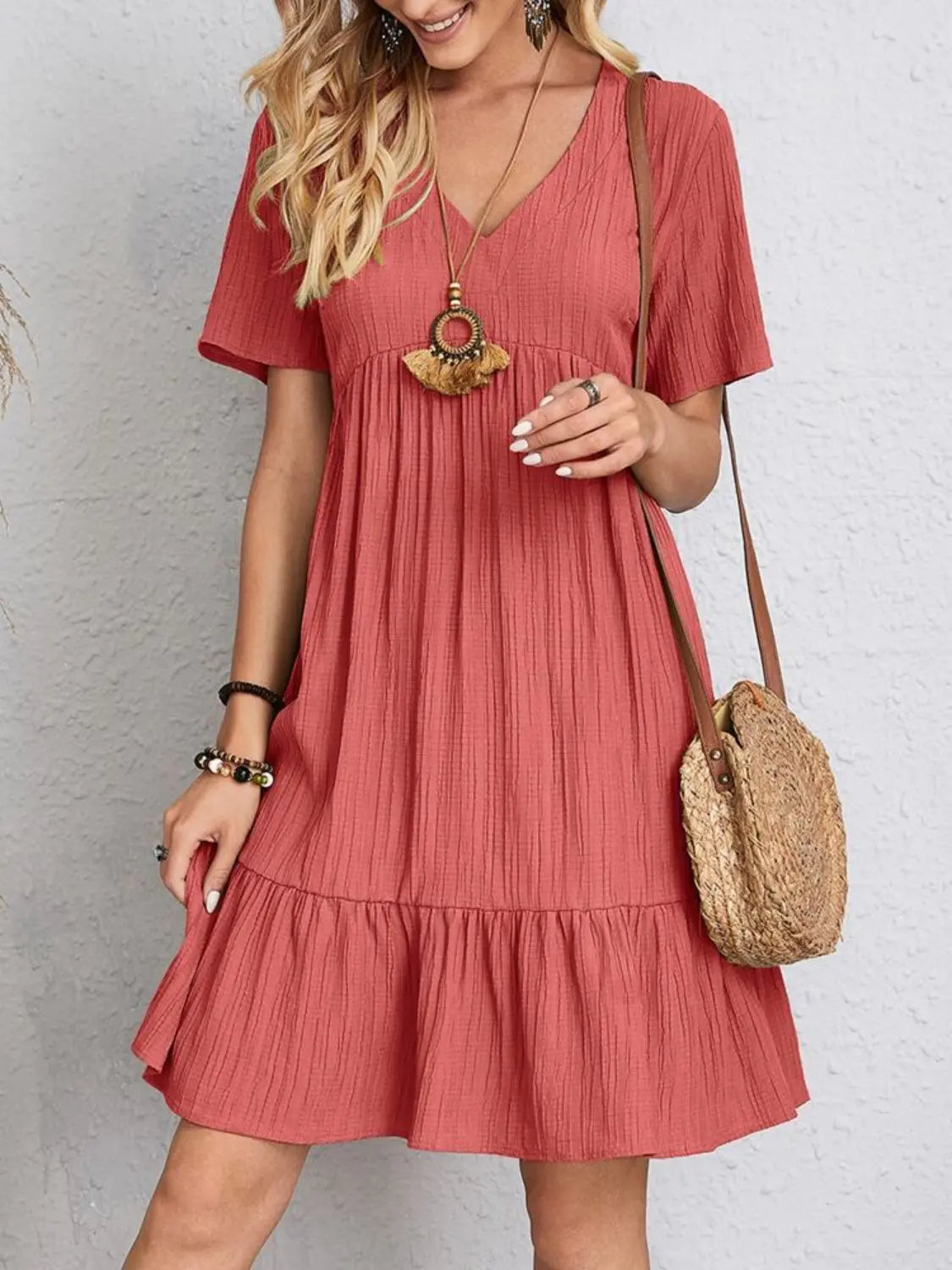 Full Size V-Neck Short Sleeve Dress Trendsi