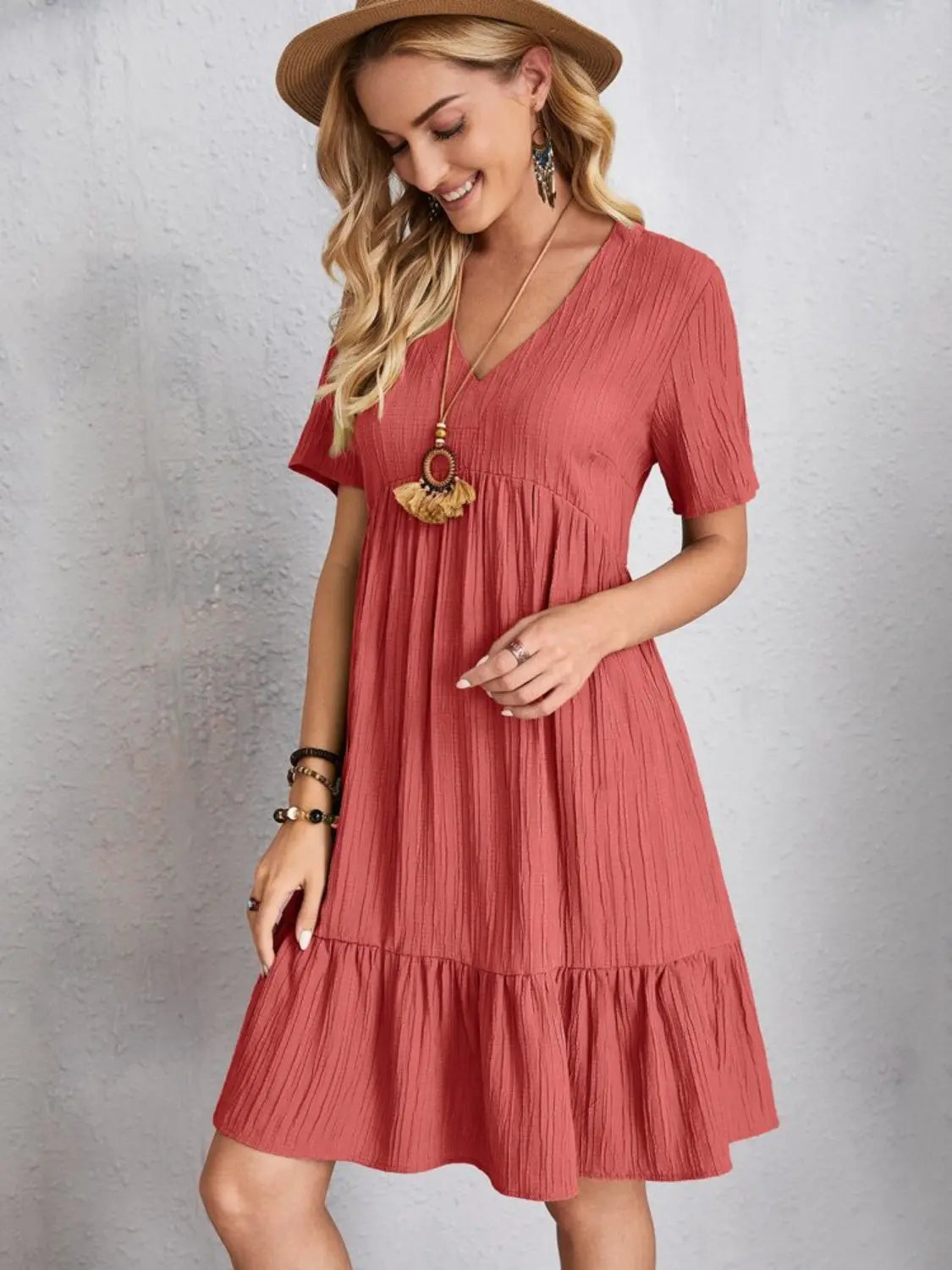 Full Size V-Neck Short Sleeve Dress Trendsi