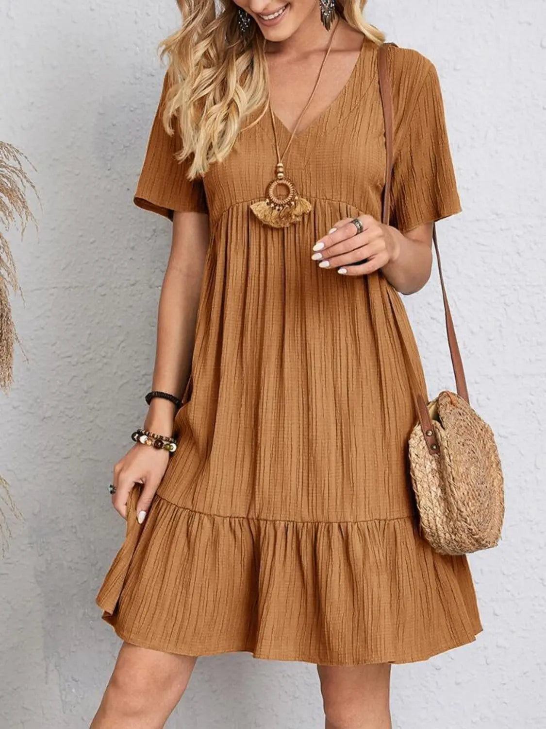 Full Size V-Neck Short Sleeve Dress Trendsi