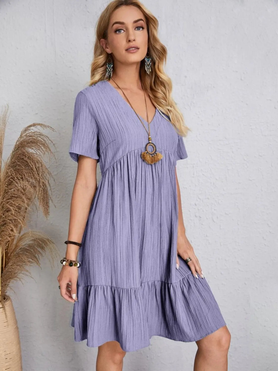 Full Size V-Neck Short Sleeve Dress Trendsi