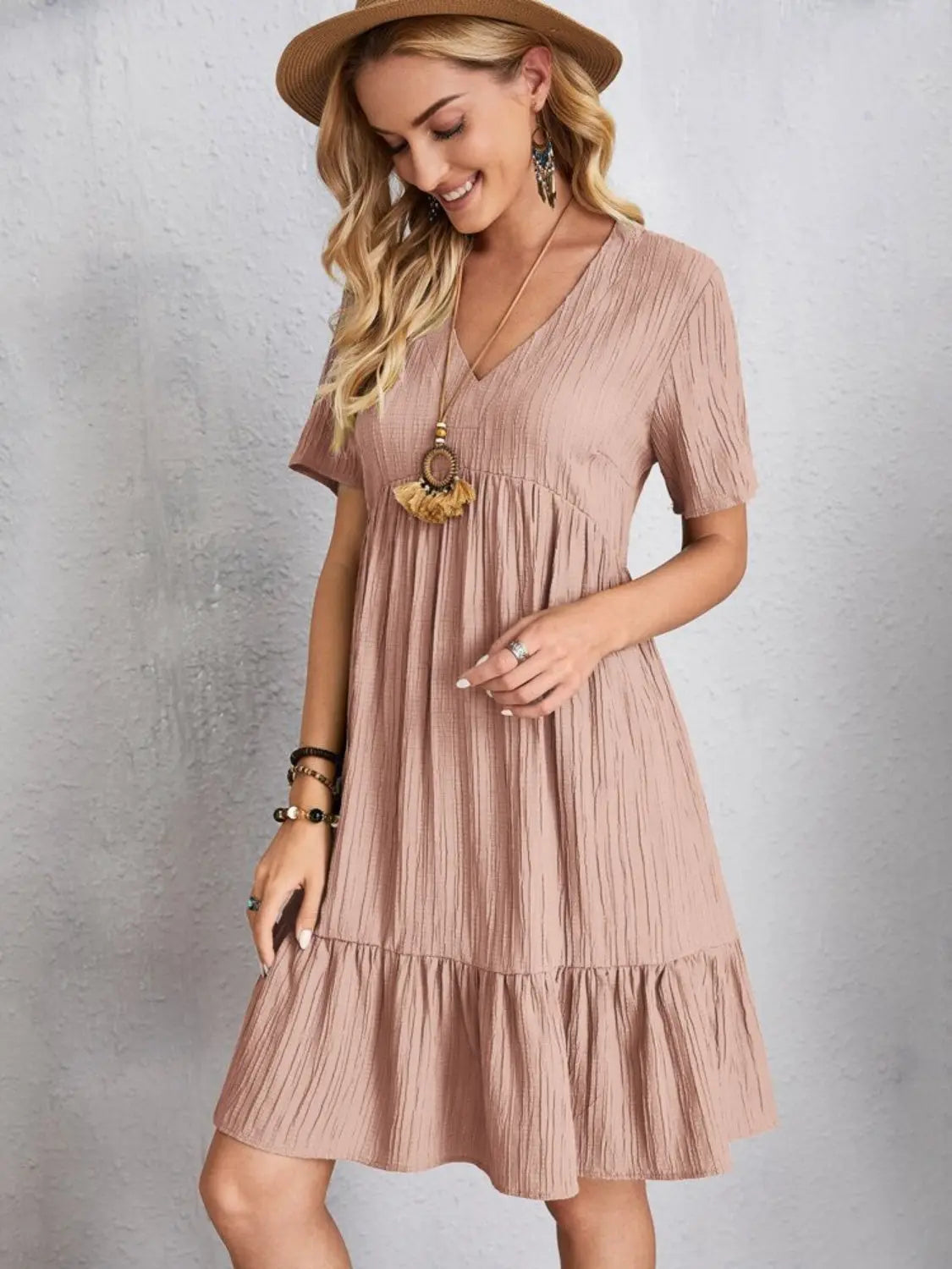 Full Size V-Neck Short Sleeve Dress Trendsi