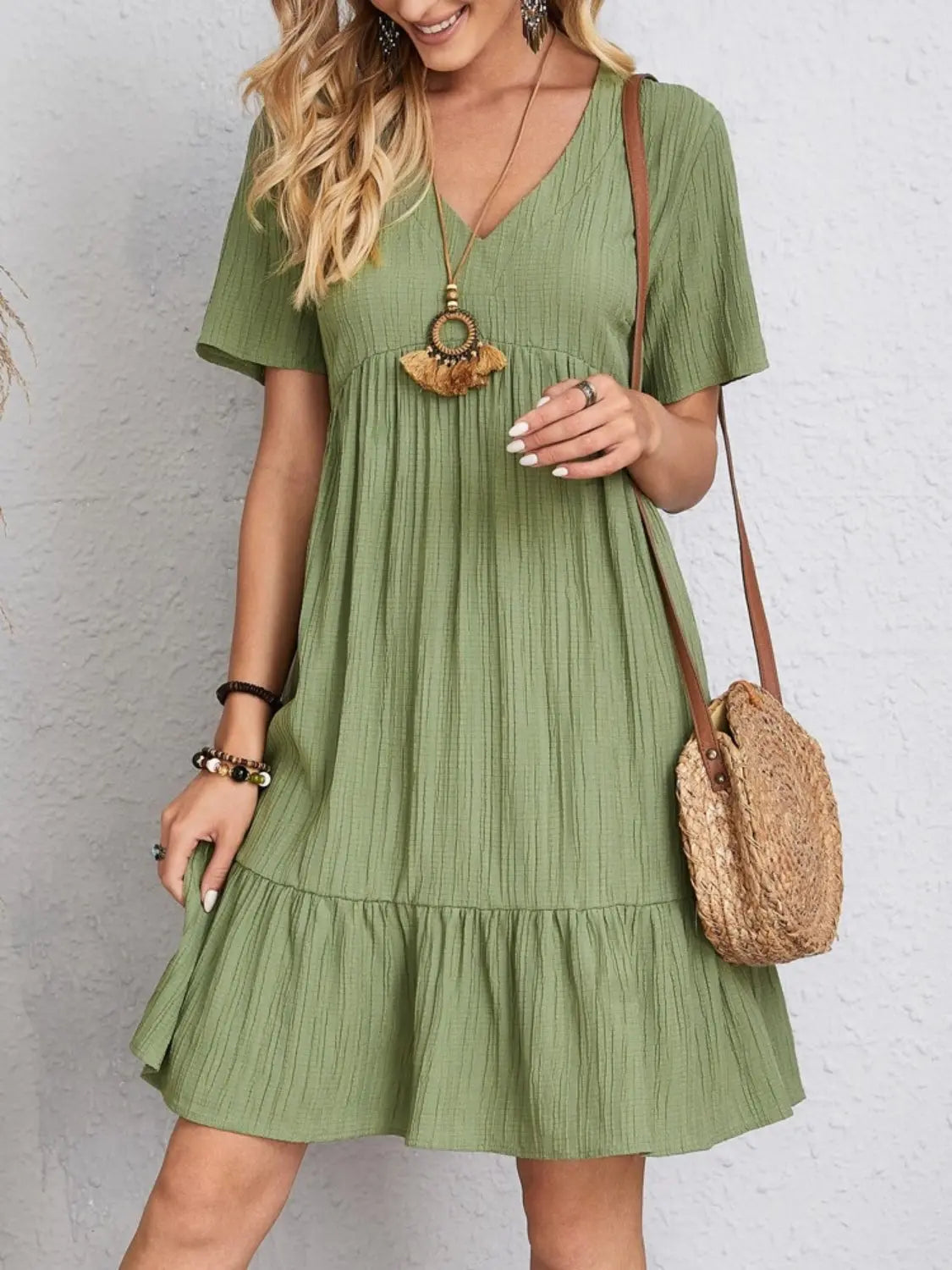 Full Size V-Neck Short Sleeve Dress Trendsi