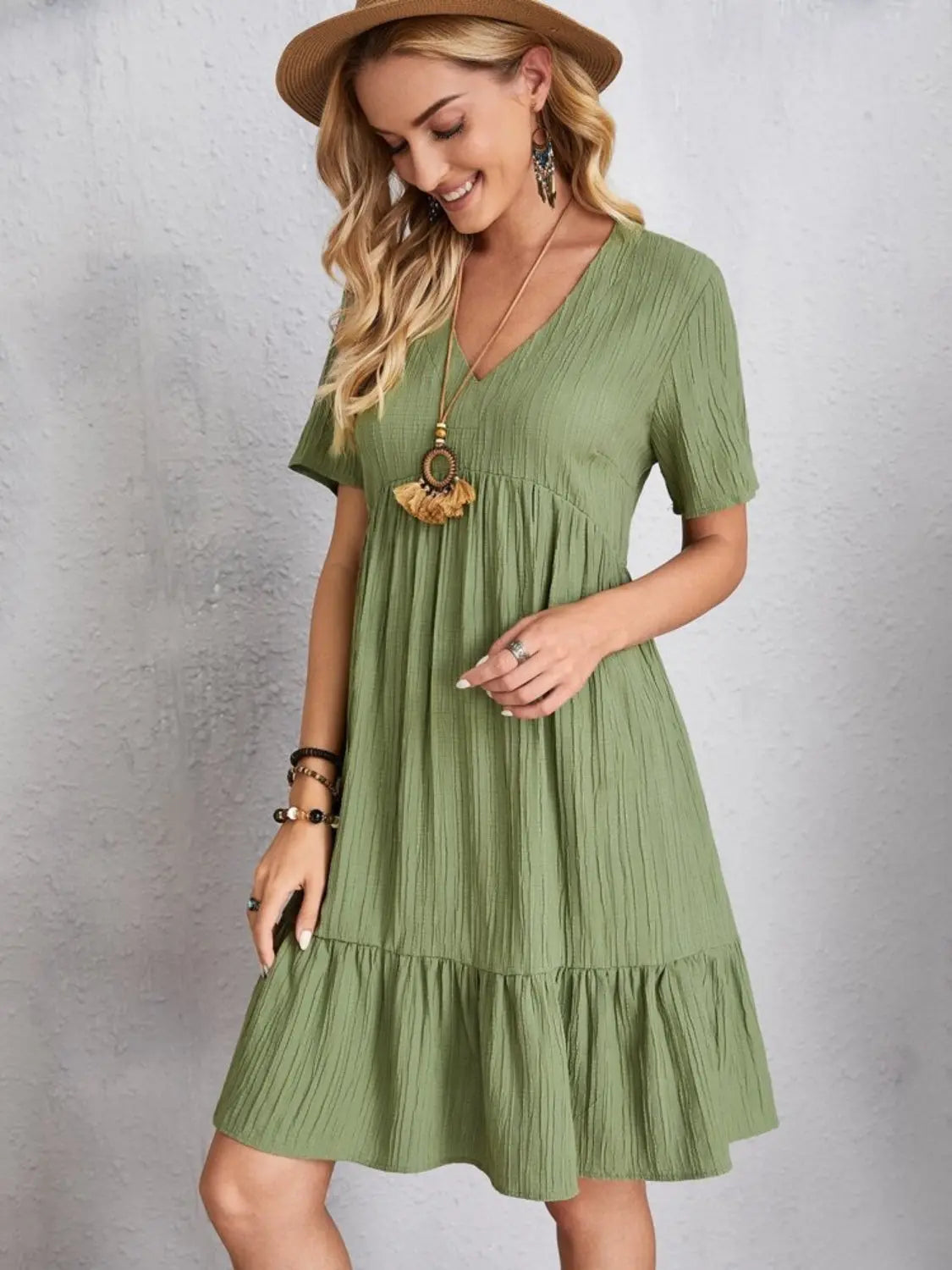 Full Size V-Neck Short Sleeve Dress Trendsi