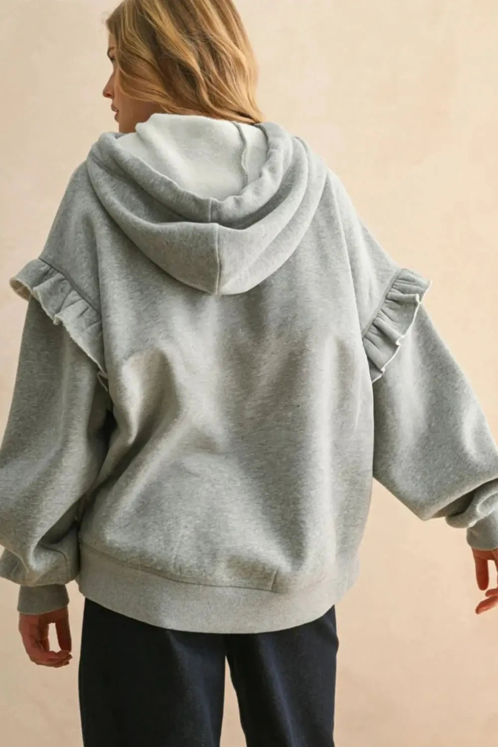 Gray Contrast Rope Drawstring Ruffle Trim Drop Shoulder Baggy Hoodie Dear-Lover Dropshipping