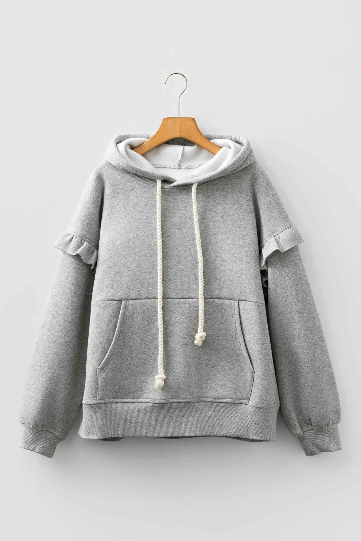 Gray Contrast Rope Drawstring Ruffle Trim Drop Shoulder Baggy Hoodie Dear-Lover Dropshipping