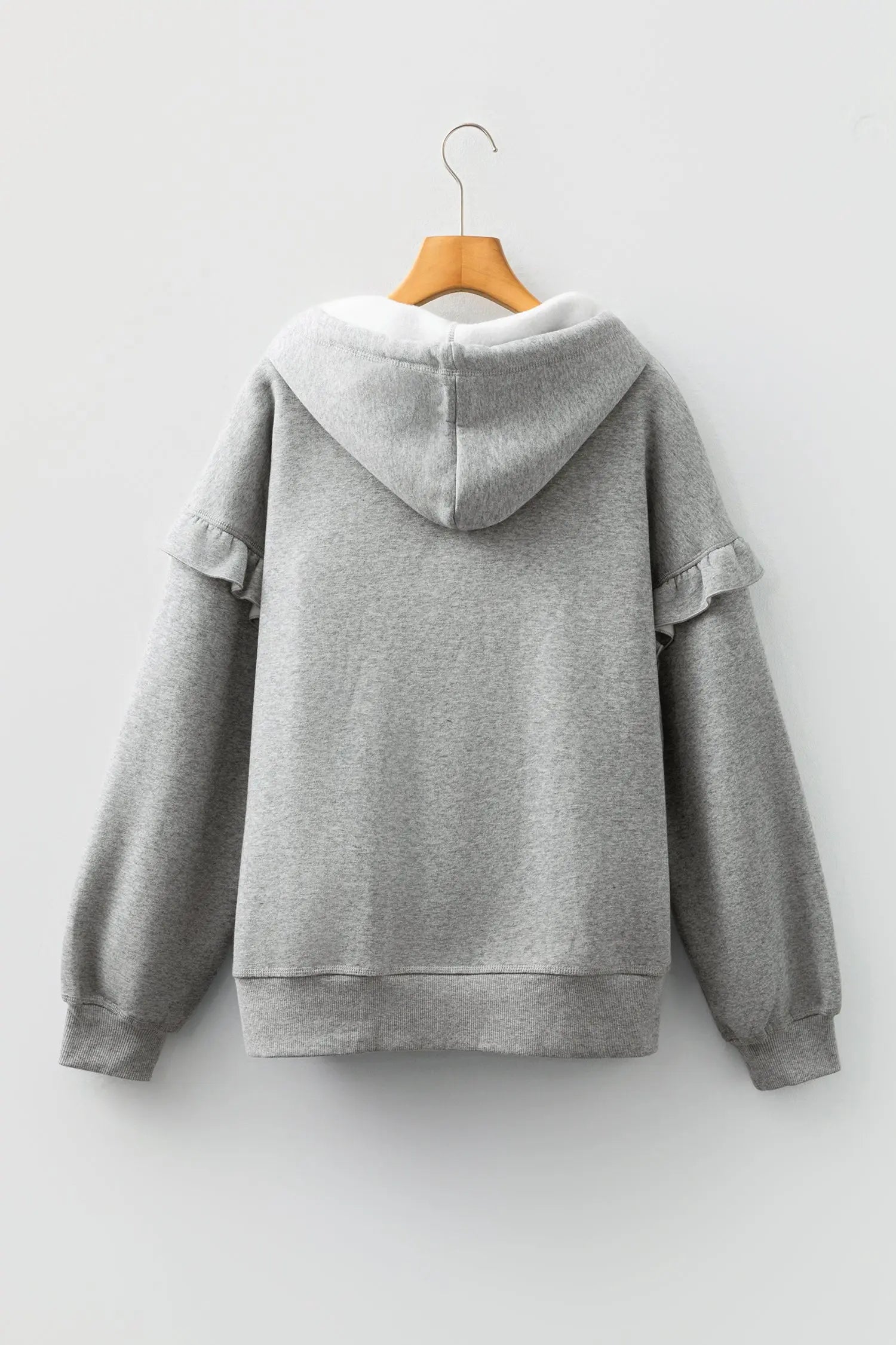 Gray Contrast Rope Drawstring Ruffle Trim Drop Shoulder Baggy Hoodie Dear-Lover Dropshipping