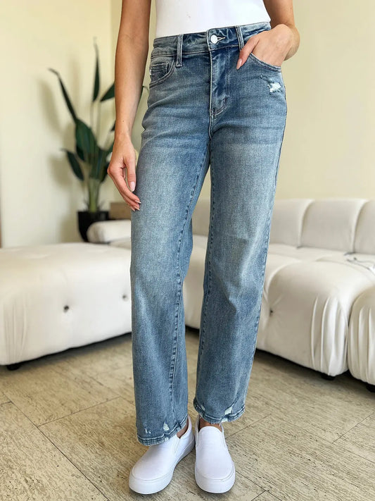 Judy Blue Full Size High Waist Distressed Straight Jeans Trendsi