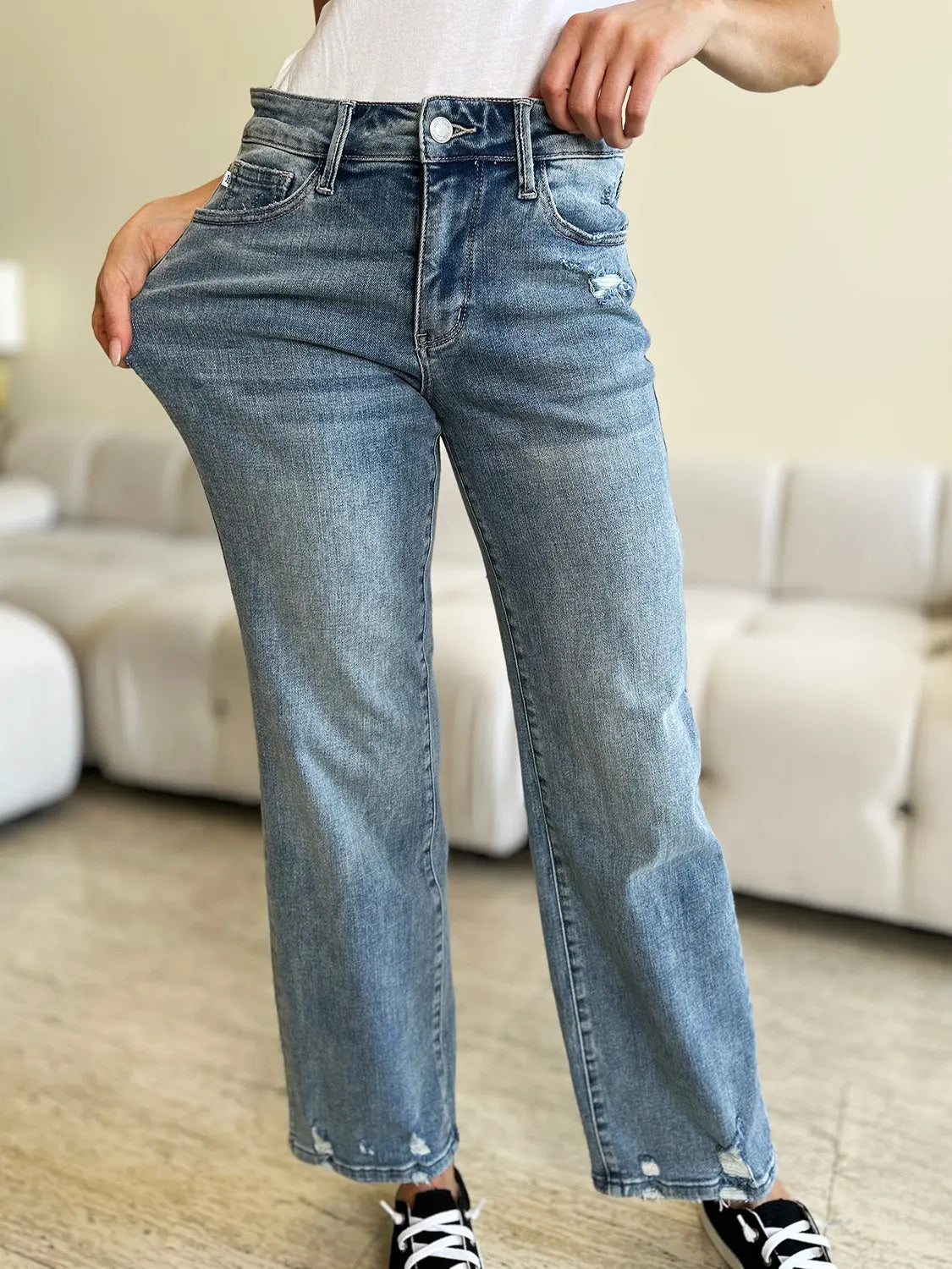 Judy Blue Full Size High Waist Distressed Straight Jeans Trendsi