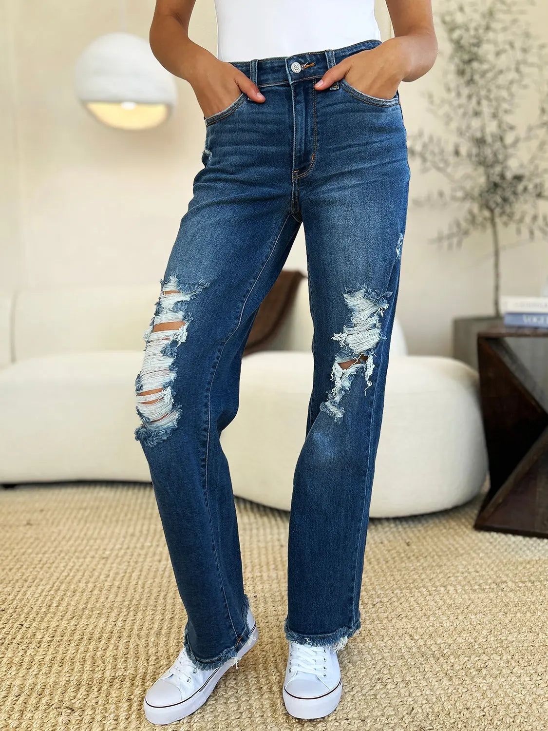 Judy Blue Full Size Mid Rise Distressed Raw Hem Jeans Trendsi