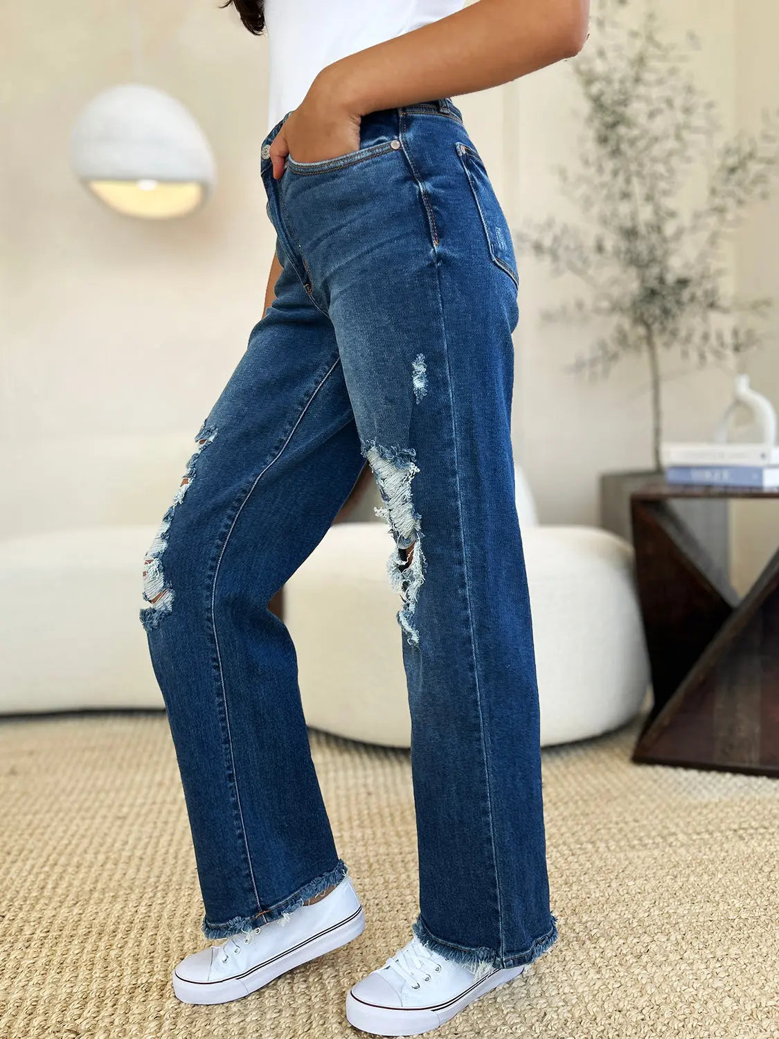 Judy Blue Full Size Mid Rise Distressed Raw Hem Jeans Trendsi