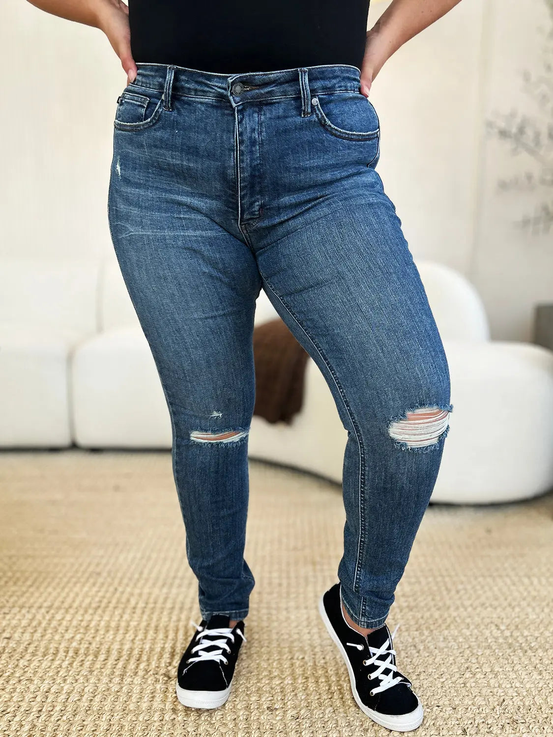 Judy Blue Full Size Mid Waist Distressed Slim Jeans Trendsi