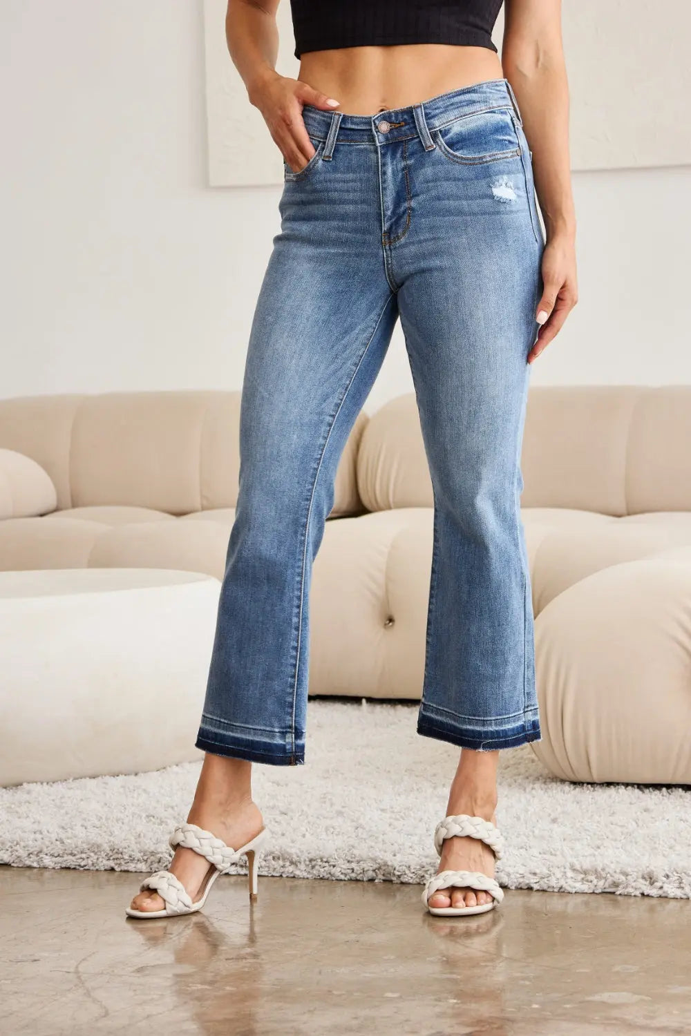 Judy Blue Full Size Release Hem Cropped Bootcut Jeans Trendsi