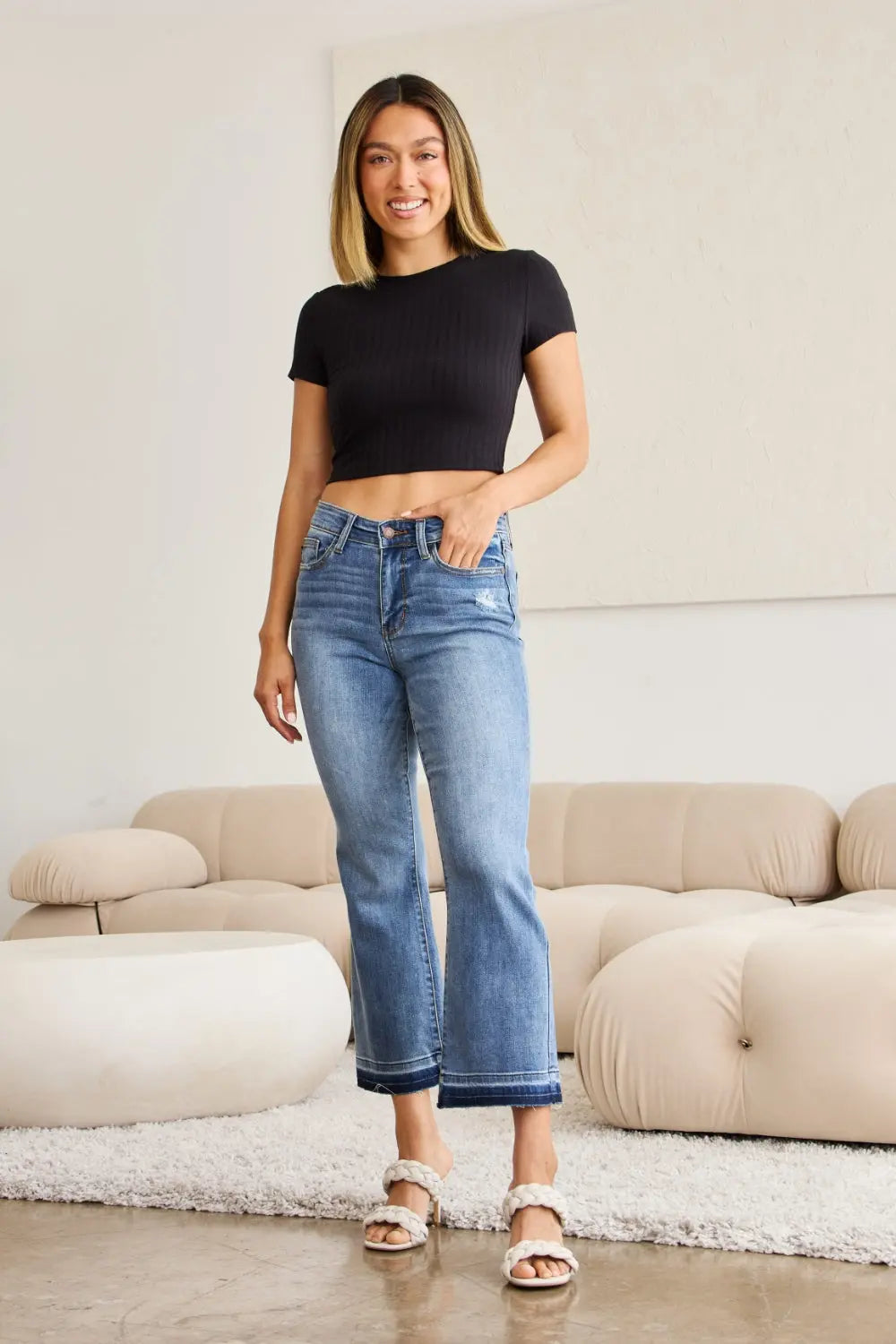 Judy Blue Full Size Release Hem Cropped Bootcut Jeans Trendsi