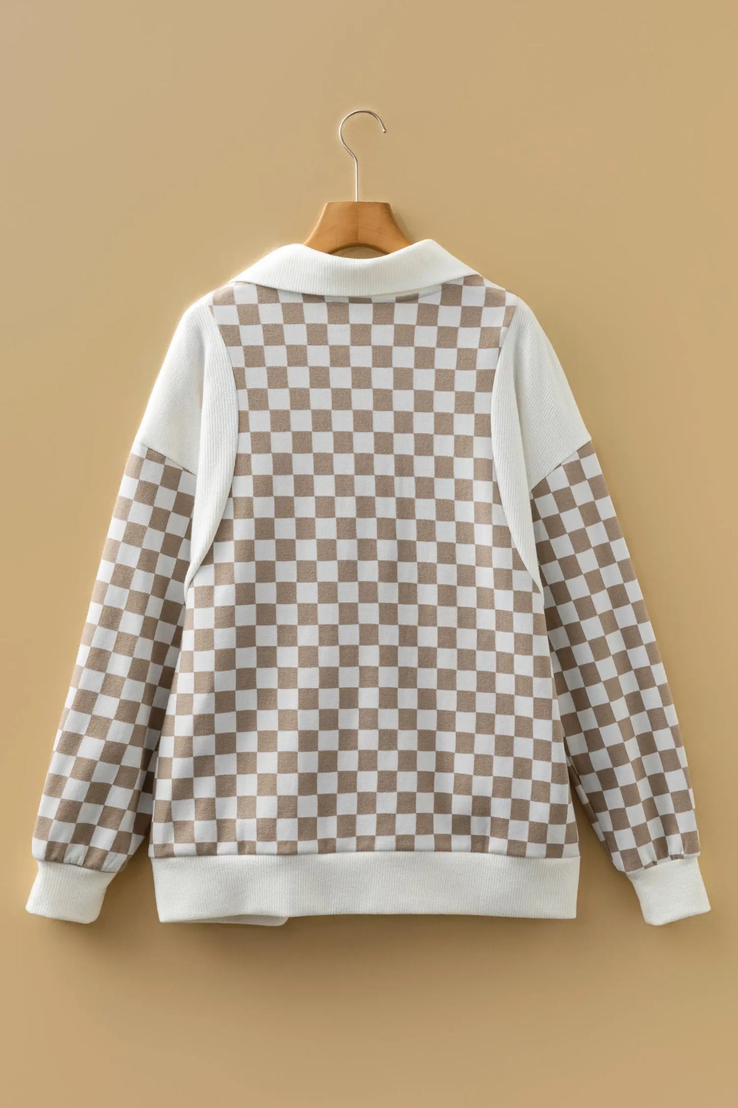 Khaki Checkered Print Quarter Zip Ribbed Patchwork Loose Sweatshirt Dear-Lover Dropshipping